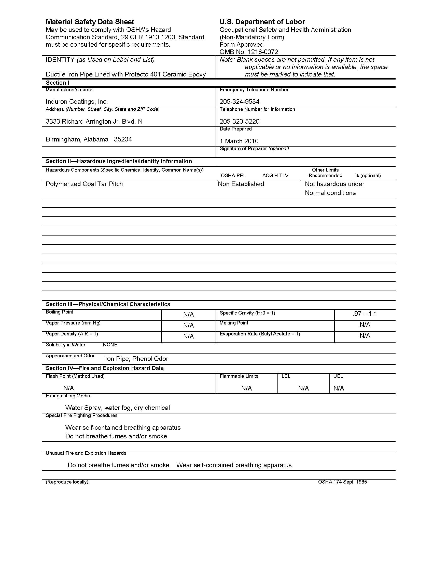 Protecto401 Ceramic Epoxy MATERIAL SAFETY DATA SHEET